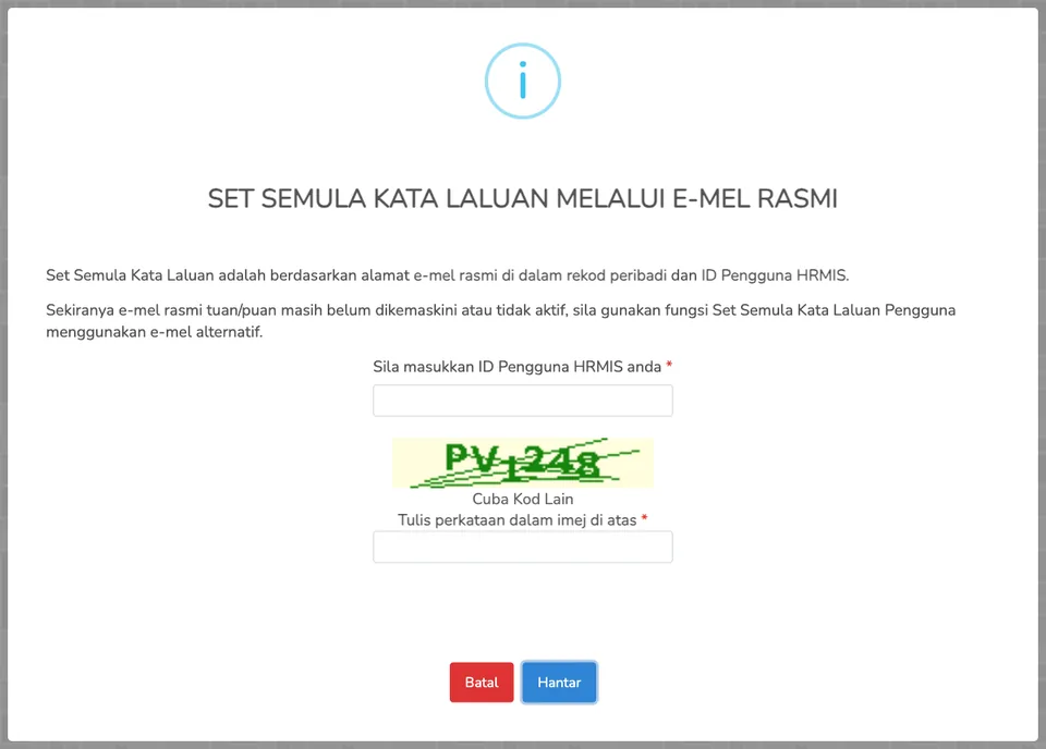 Dialog Set Semula Kata Laluan Melalui E-mel Rasmi di HRMIS 2.0 dengan medan ID Pengguna HRMIS, imej kod yang perlu ditaip, serta butang Batal dan Hantar